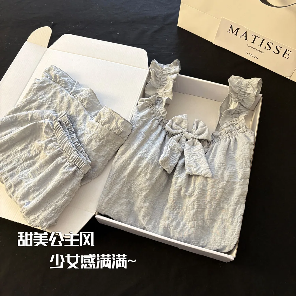 Women Cute Sleeveless Pajama Set with Cloud Cotton Shorts and Built-in Bra Loose Homewear