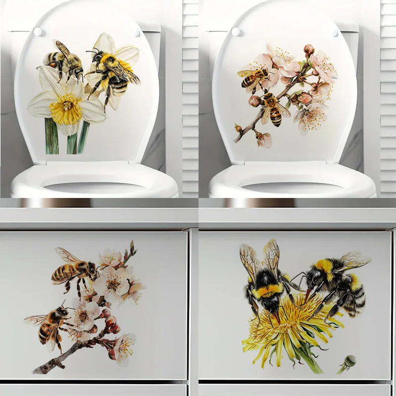 Bees Abstract with Flowers Toilet Sticker, Durable Material, Perfect for Home Wall Decor, Aesthetic Room Decoration
