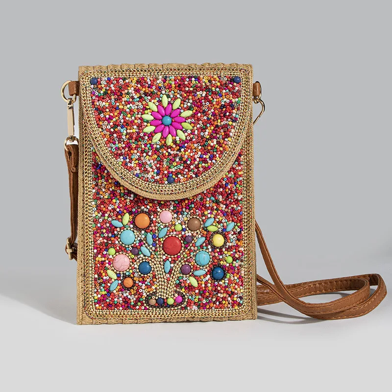 Bohemian Beaded Turquoise Pattern Straw Woven Small Crossbody Shoulder Bag Women's Coin Purse Phone Bag