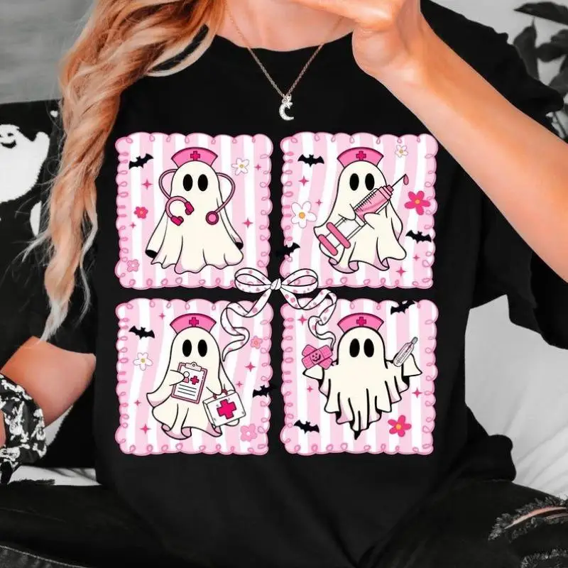 

Unisex Cute Nurse Ghost T-shirt Spooky Halloween Graphic Print Tee for Women Men Funny Nurse Gift Gothic Top