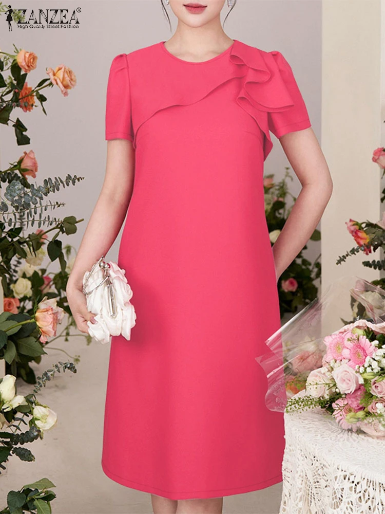 Zanzea commute escritório sólido midi vestidos coreano moda feminina elegante em camadas babados vestidos de mangas curtas o-pescoço robes femme