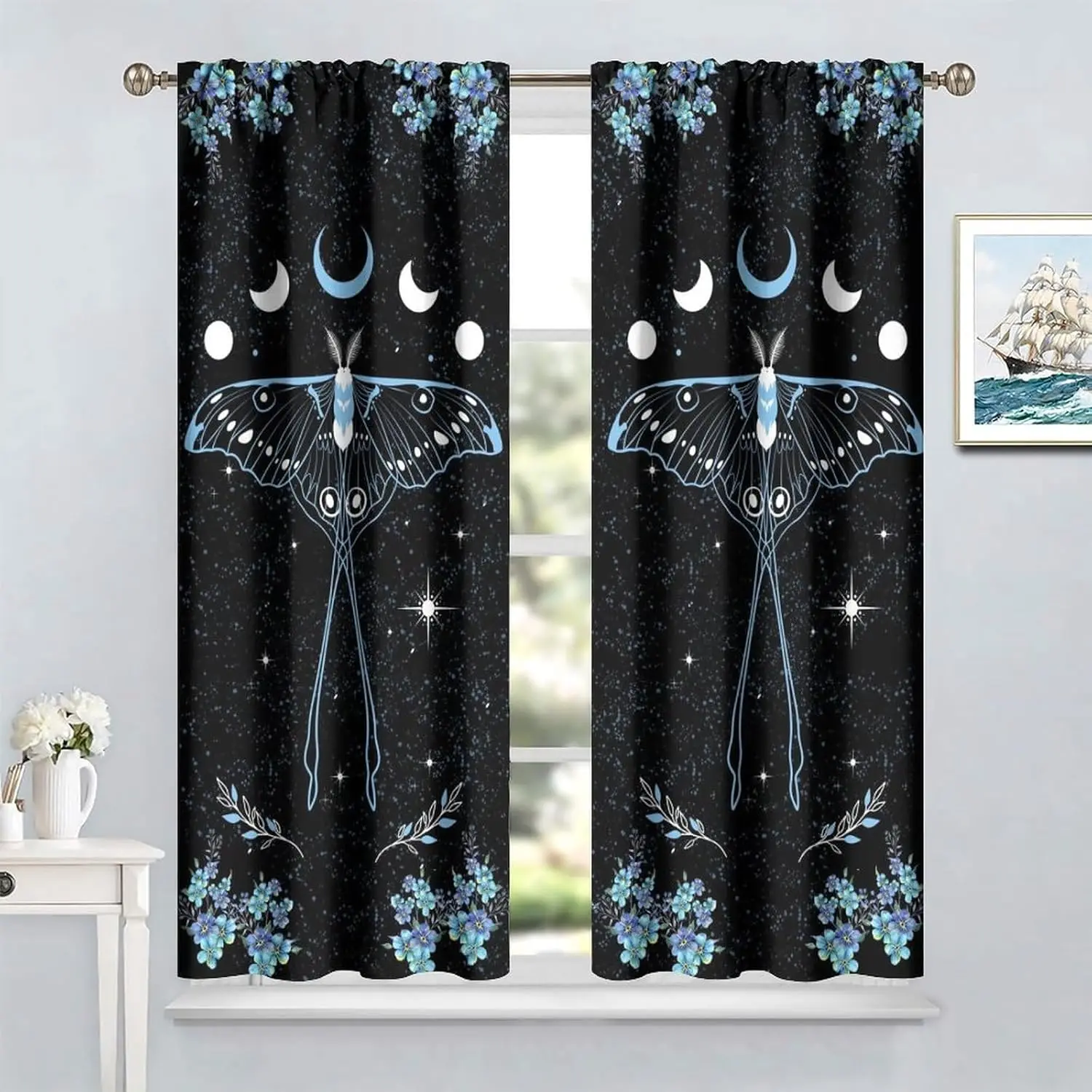

Fantasy Butterfly Moth Curtains Sun Moon Star Floral Art Printed Rod Pocket Blackout Window Drapes for Living Room Bedroom