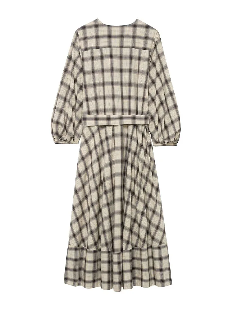 Hh moda feminina tripulação pescoço botão xadrez camisa estilo vestido de manga longa feminino verão cinto bolso decoração casual vestido linha a