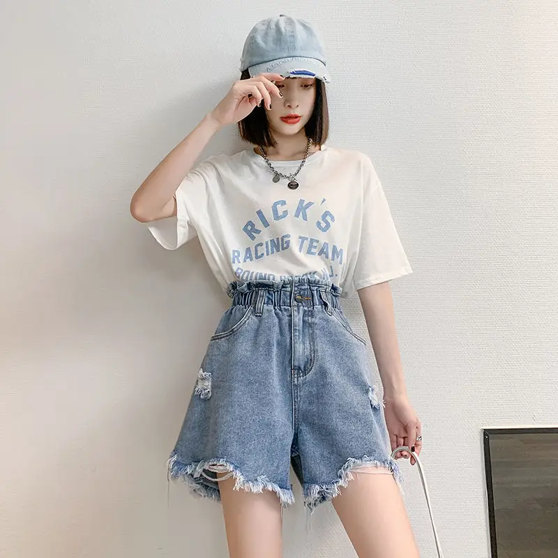 Large Size Perforated Denim Shorts for Women\'s Summer A-line Wide Leg Loose High Waist Slimming Fashion Shorts