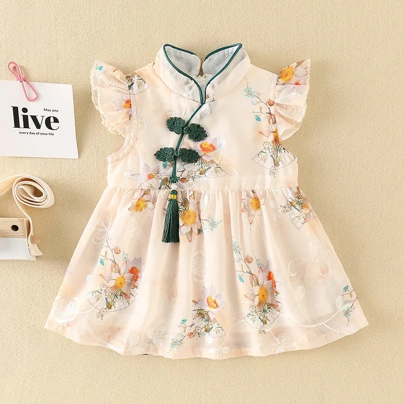 Hot Sale Baby Summer Dress Thin Chinese Style Qipao One Piece Wrap Fart Coat Newborn Baby Full Month 100 Day Old Skirt Dresses