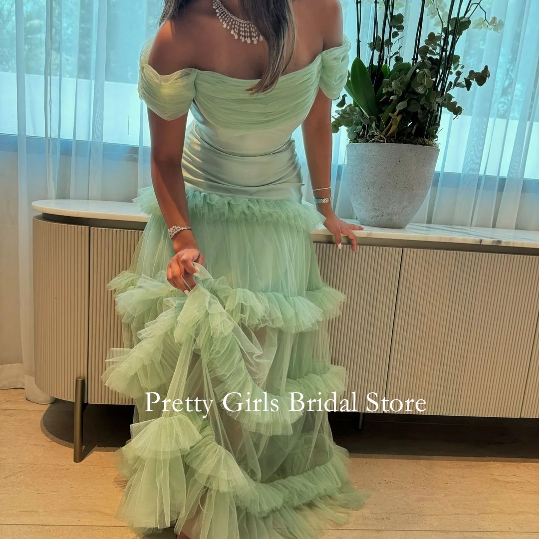 OEING Arabic Style Vintage Tulle Off-Shoulder Tulle Evening Dresses Green Pleated Formal Prom Growns Party Women Bride