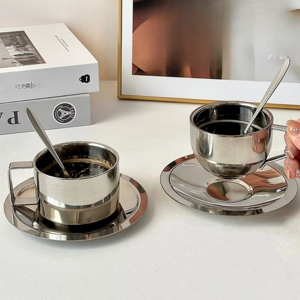 1 مجموعة فنجان القهوة الأوروبي الفولاذ المقاوم للصدأ فنجان القهوة كوب شاي بعد الظهر مع ملعقة صحن لملحقات المطبخ مقهى