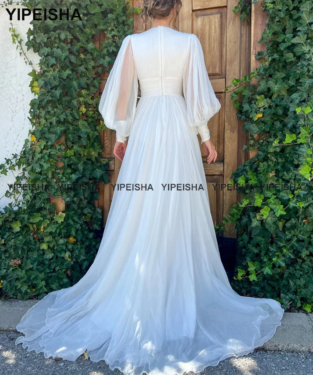 Yipeisha-Vestidos de Noche de manga larga, vestido de fiesta de gasa, blanco marfil, línea A, talla grande