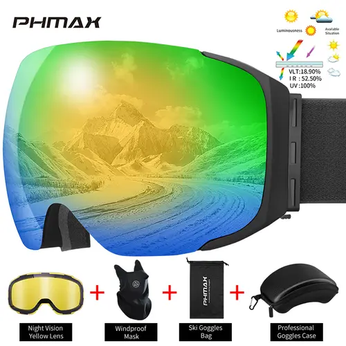 PHMAX Pro Ski Goggles UV400 Anti-fog Eyewear Magnetic Lens Night Vision Yellow Lens Outdoor Sports Snowboard Big Snow Goggles - Image 11