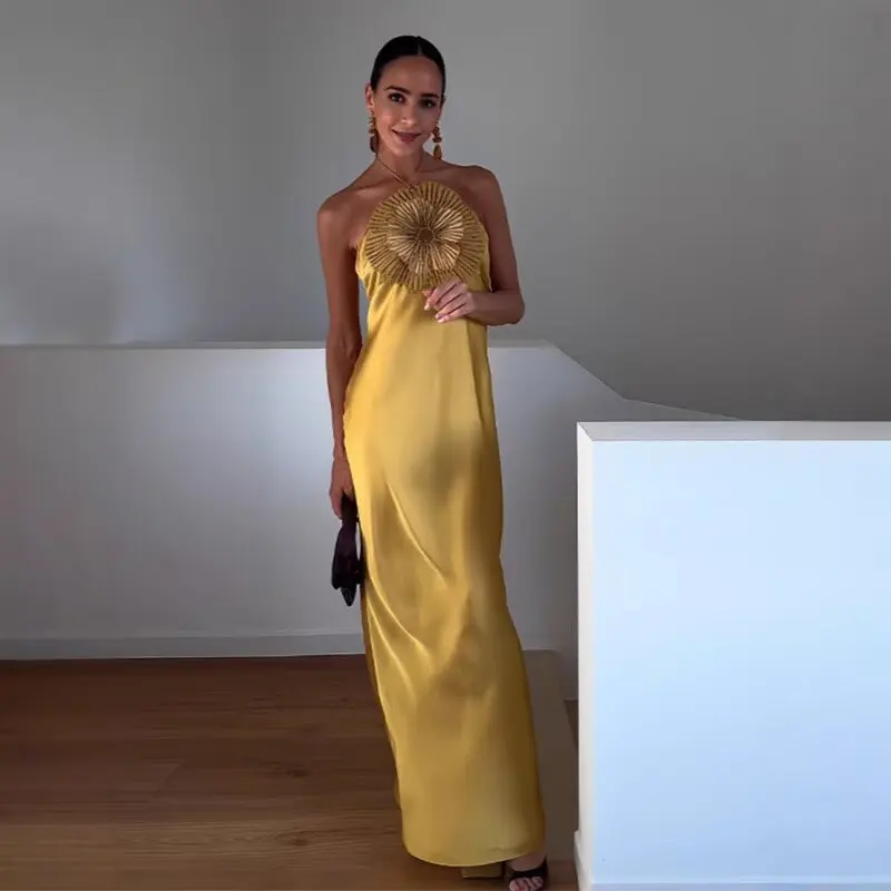 Ele cintura alta satén de seda Dr verano nueva llegada Bal Floral decorado mujer Faion vestido sexy falda larga sin...