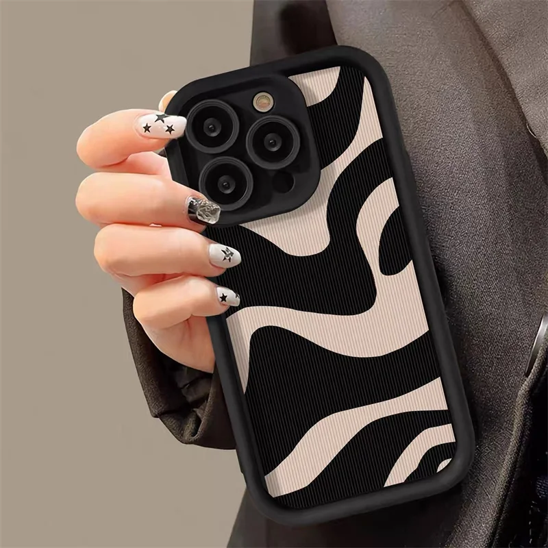 Fashion Zebra Stripes Lattice Pattern Case For iPhone 11 12 13 14 15 Pro Max X XR XS Max 7 8 Plus Camera Protection Soft Cover