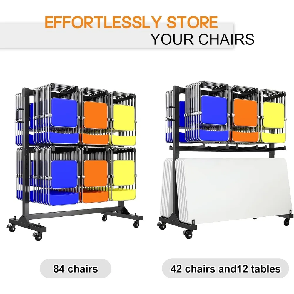 Robuust klapstoel- en tafelrek, geschikt voor 12 tafels of 84 stoelen, inclusief 50 stoelhoezen, capaciteit van 1100 lbs, winkelwagen