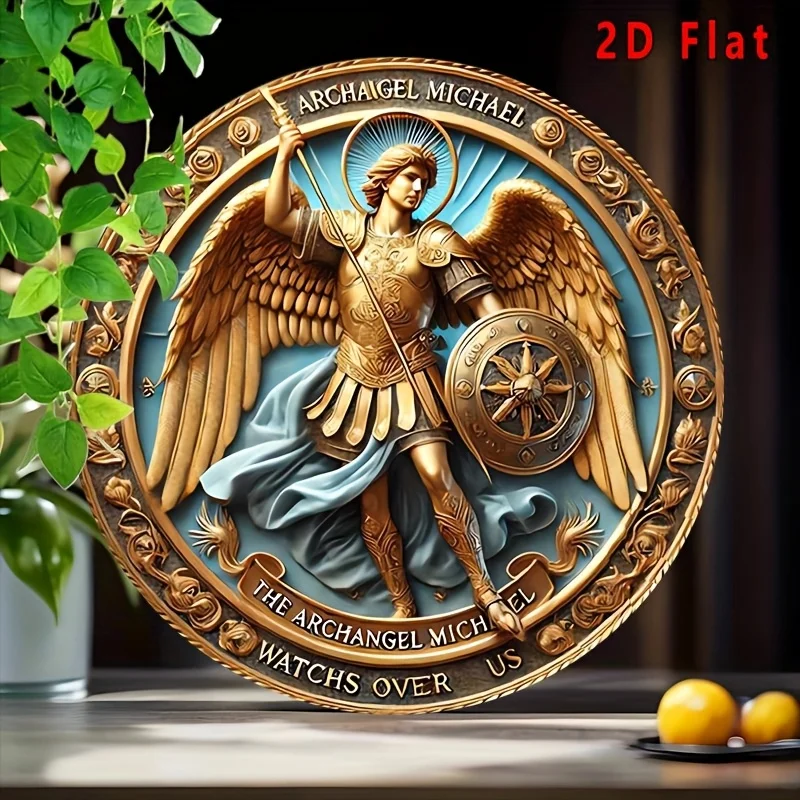 2D Flat – 1 Stück Erzengel Michael Vintage Metall-Wandkunst – 20,3 x 20,3 cm rundes Blechschild aus Eisen mit goldenem und blauem Design, ewiger Schutz