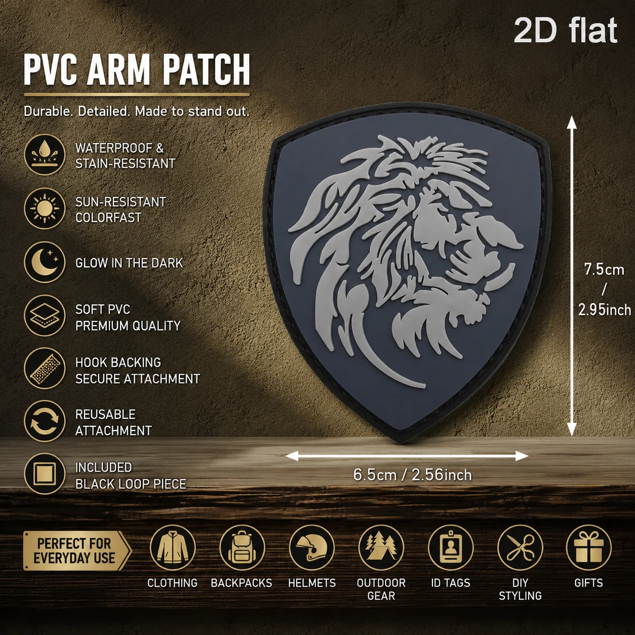 Light Gray Lion Head Shield Emblem Badge, 2D Flat Pvc Material, Magic Tape Patch, Free Backing Material, Optional Sizes, 1Pc/2Pcs/3Pcs, Layered 3D Embossed Edge, Not Easy to Come Off, Functional Jacket Personalized Decoration Accessory