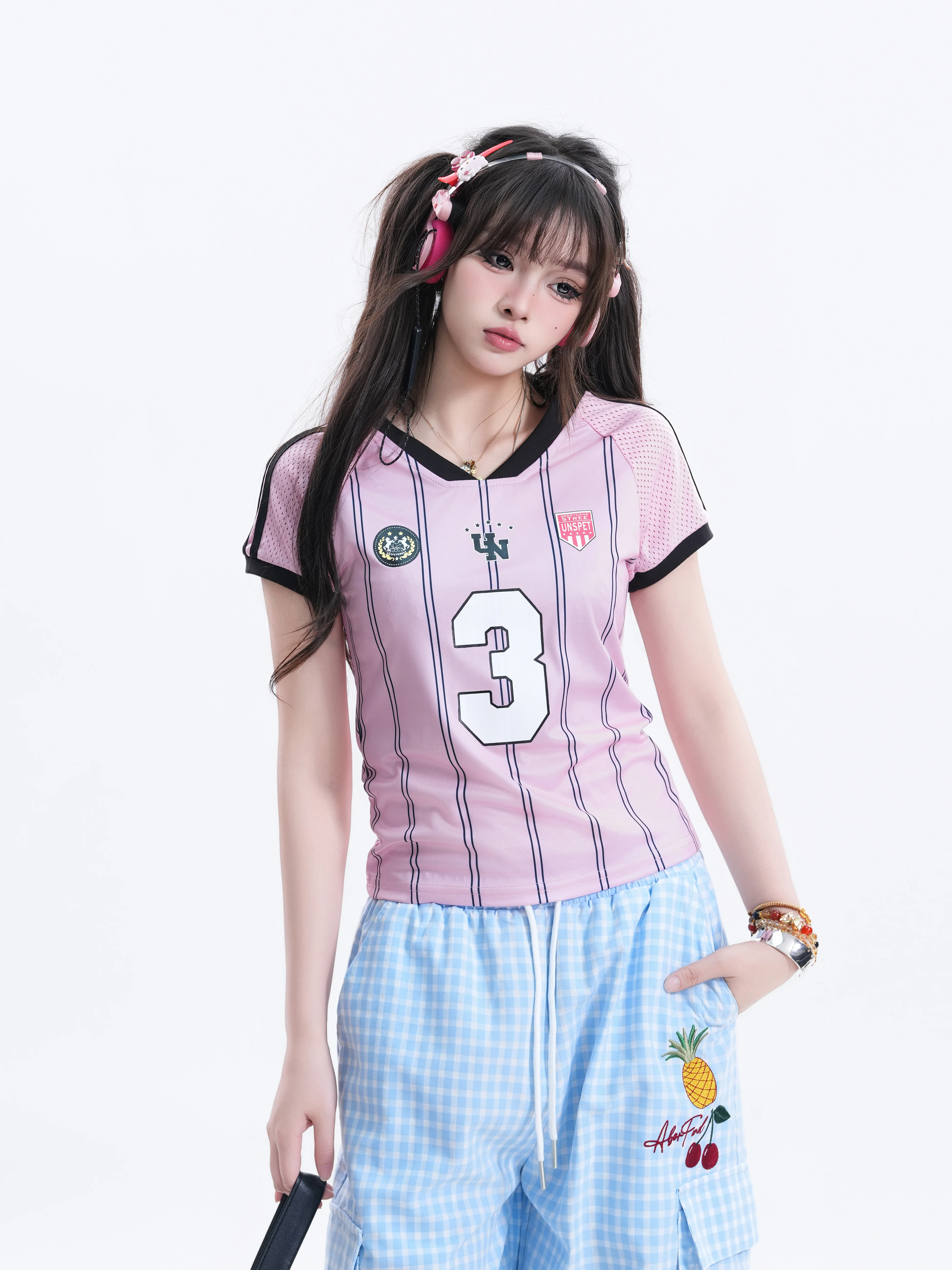 Slim Fit Short Sleeve T-Shirt Women's Summer Print Stripe Color Block Baseball Jersey Top Casual Style round Neck Polyester