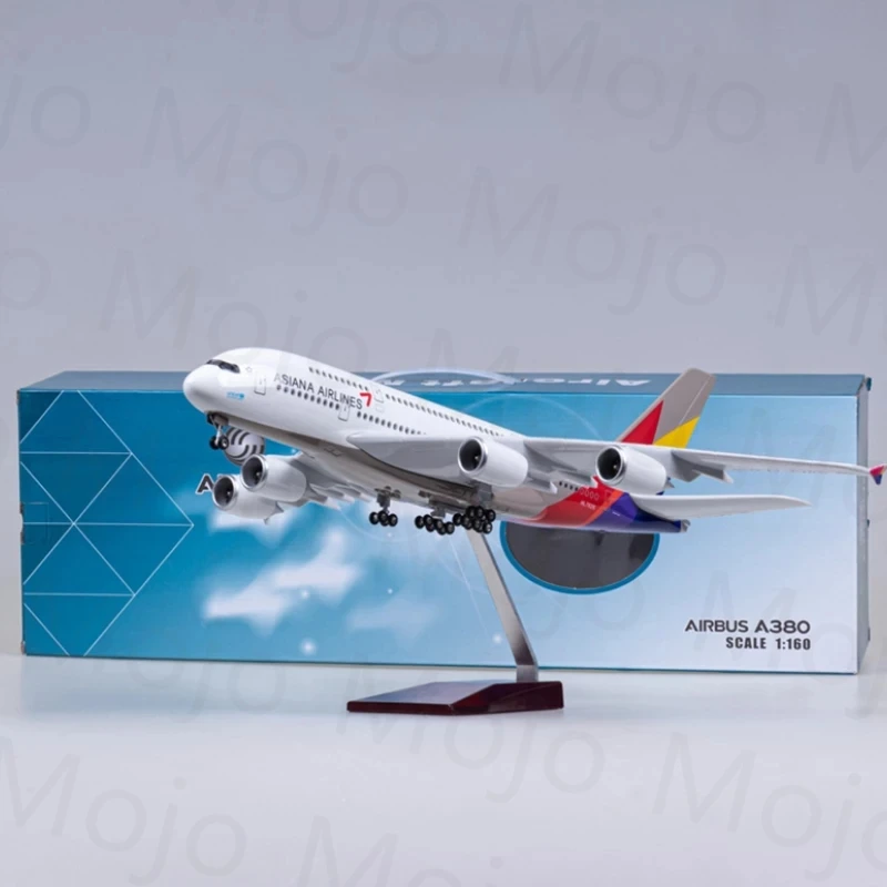 50.5CM 1/160 Scale Airplane A380 Korean ASIANA Airline Model With LED Light &Landing Gears Diecast Plastic Resin Plane