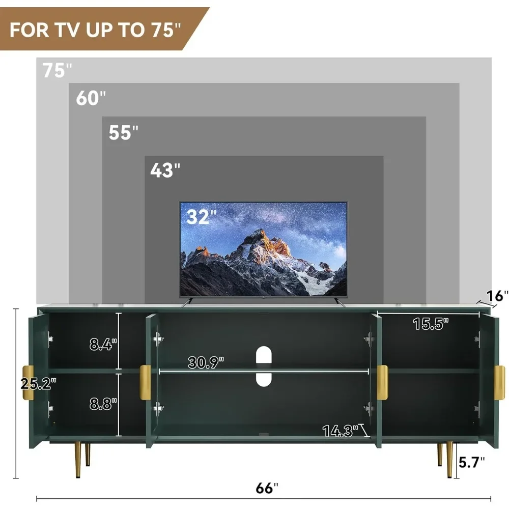 TV Stand for TVs Up To 70+ in With Gold Leg & Storage Cabinet, Wood Media Glass Door Television Console Table