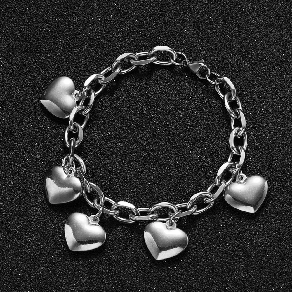 MisenBaBa New Style Stainless Steel Thick Chain Tassel Heart Charm Bracelet For Women Fashion Jewelry Valentine\'s day gift