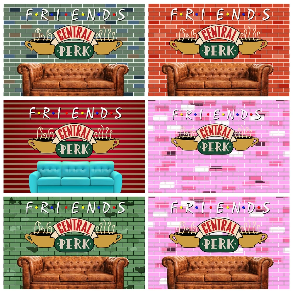 

Friends Centra-l Perk Cafe Backdrop Red Brick Wall Sofa Photography Background for TV Show Theme Party Photo Booth Decor Props