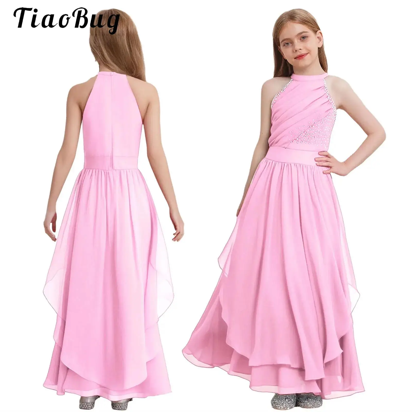 

Wedding Party Long Dress for Children Flower Girls Ruched Chiffon Bridesmaid Dresse Rhinestone Evening Pageant Formal Maxi Gown