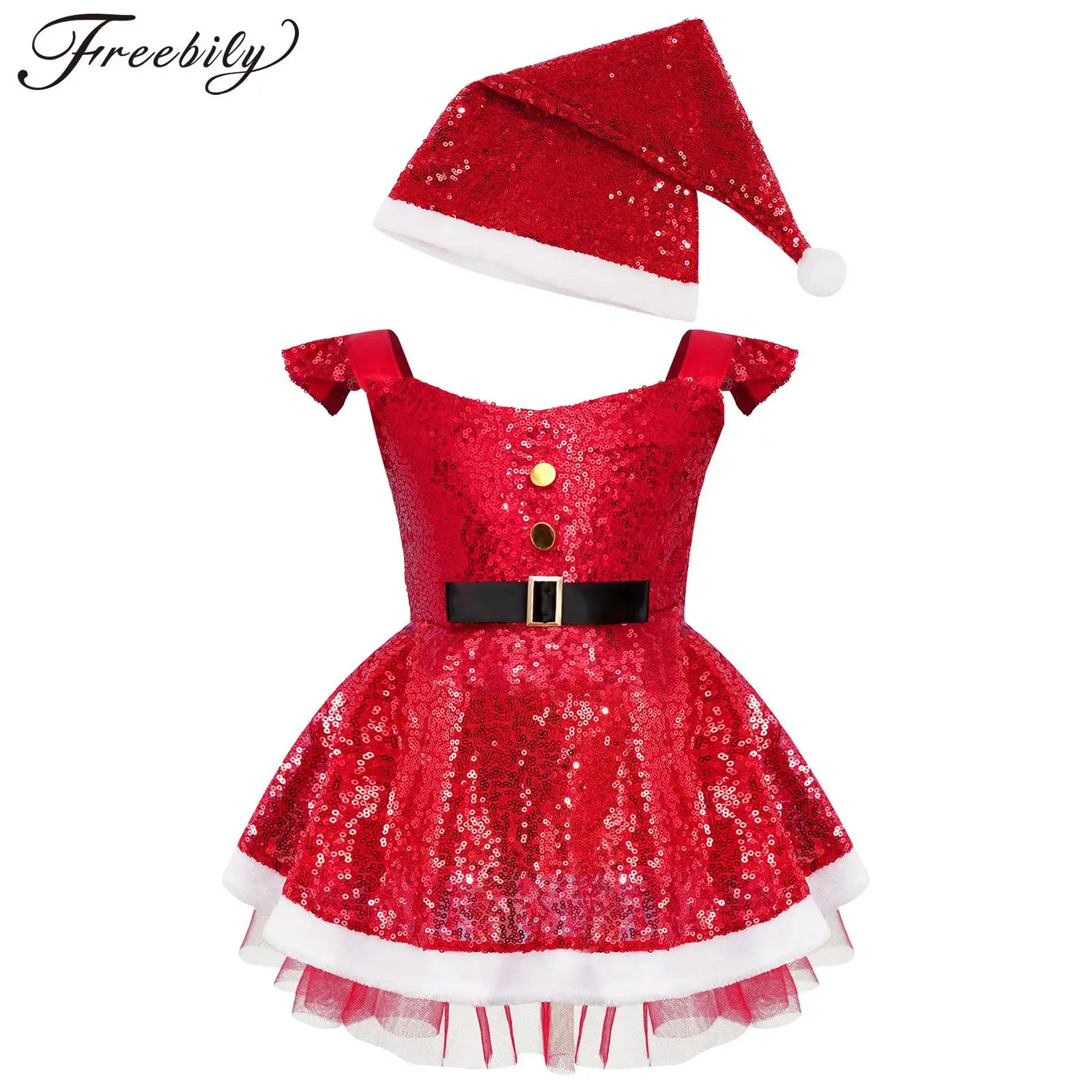 Kids Baby Girls Christmas Outfits Shiny Sequins Christmas Dance Costume Santa Tutu Dress with Santa Hat XMAS Clothes Set