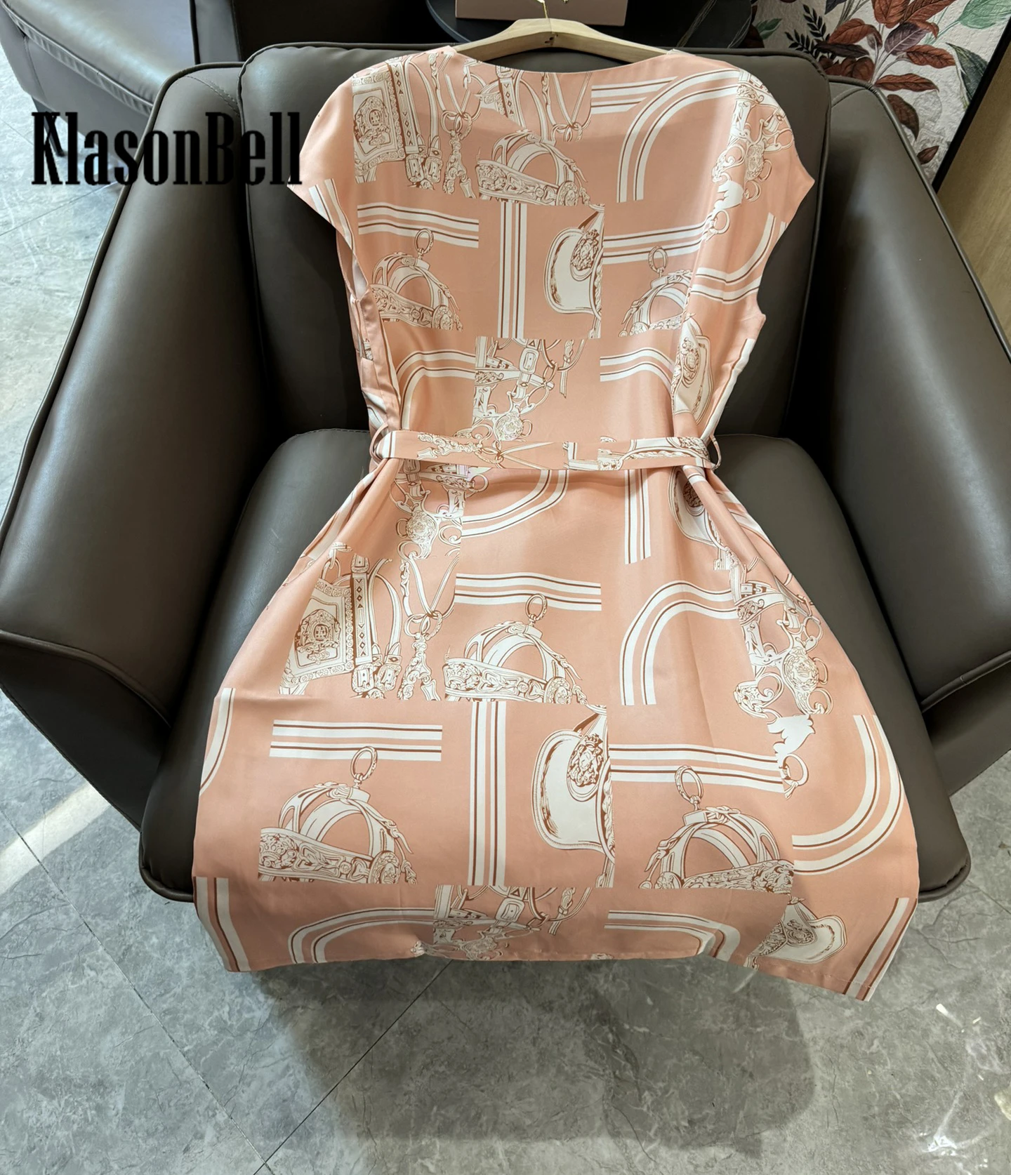 4.18 KlasonBell Temperament 100% Silk Geometric Print Dress Women 2024 New Arrival O-Neck Sleeveless Bowknot Sashes Midi Dress