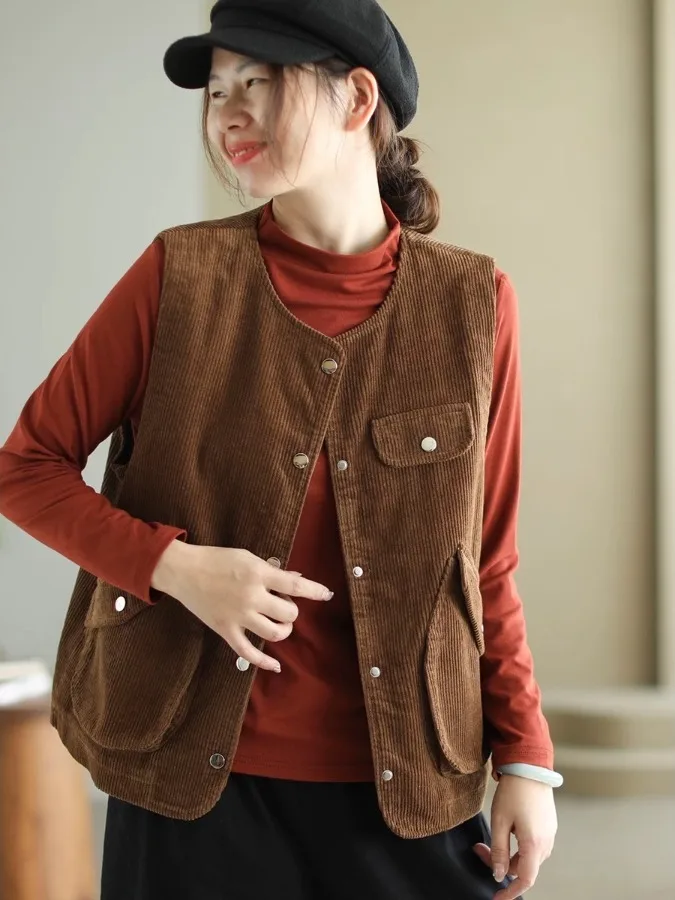Gilet en velours côtelé pour femmes, vêtements d'extérieur tendance, haut de gamme, haut rond, bouton unique, nouvelle collection automne 2025