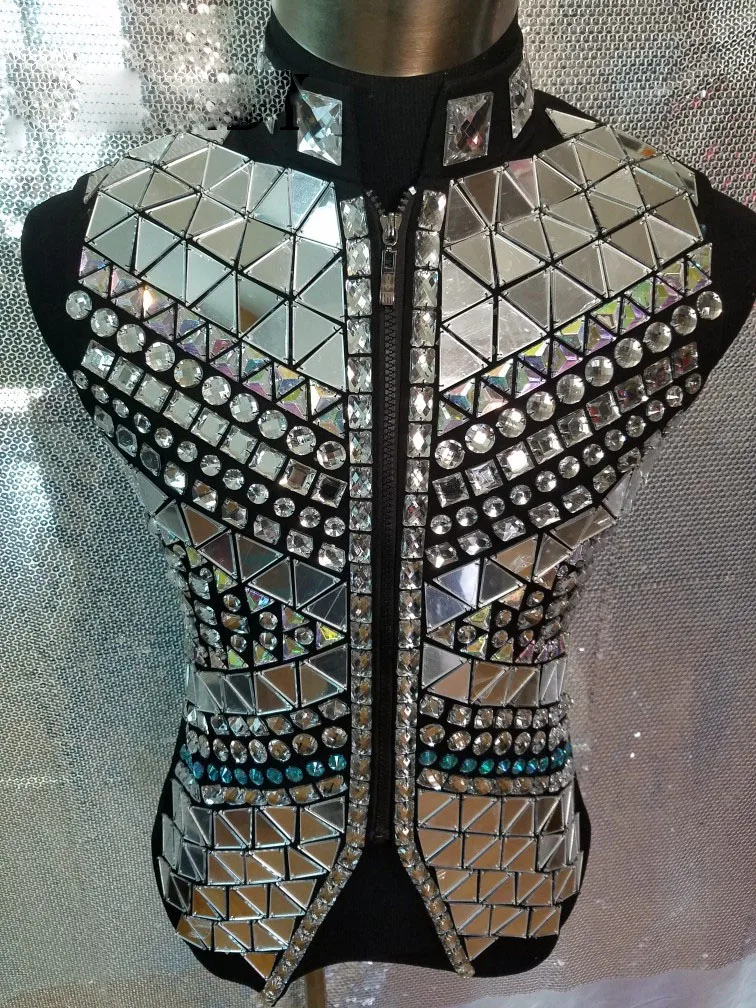 Mirror Vest Jacket / Black Silver Vest / Performance Coat Men  Singer outfit Costume Rhinestones Punk Style Ds Dj Coats