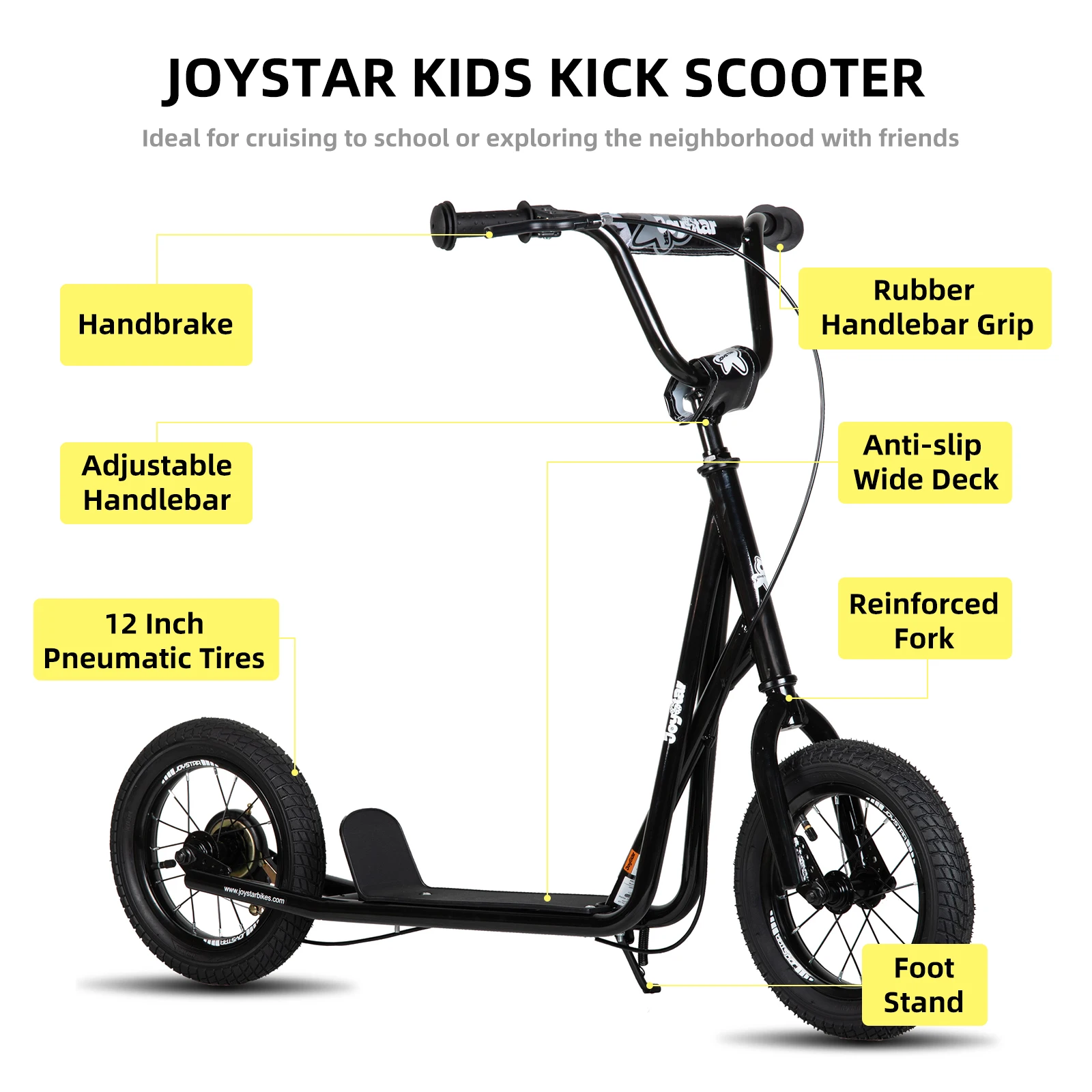 JOYSTAR Kick Scooter for Ages 5-9 Years Old Kids with 12 Inch Front and Rear Wheel, Rear V-Brake and Adjustable Handlebar, Black