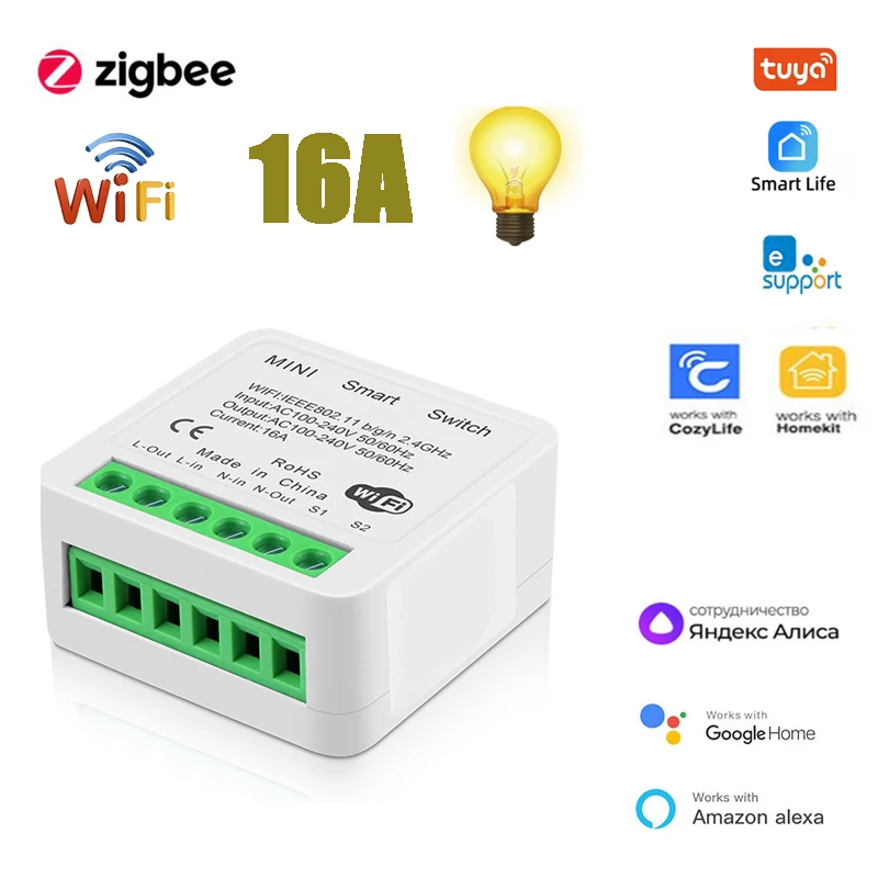 Zigbee wifiミニスマートスイッチdiy 16a 2ウェイコントロールブレーカ経由alexa alice google home tuya smart life ewelink cozylife homekit