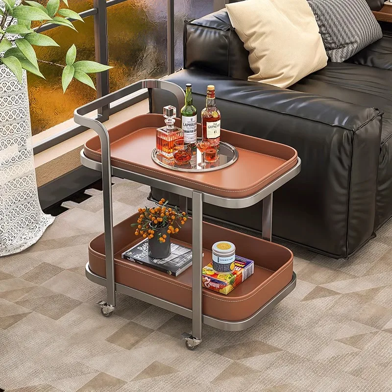 ‌Italian Minimalist Side Table | Large Capacity Double Layer Trolley | Saddle Leather Corner Table | Creative Home Storage Shelf