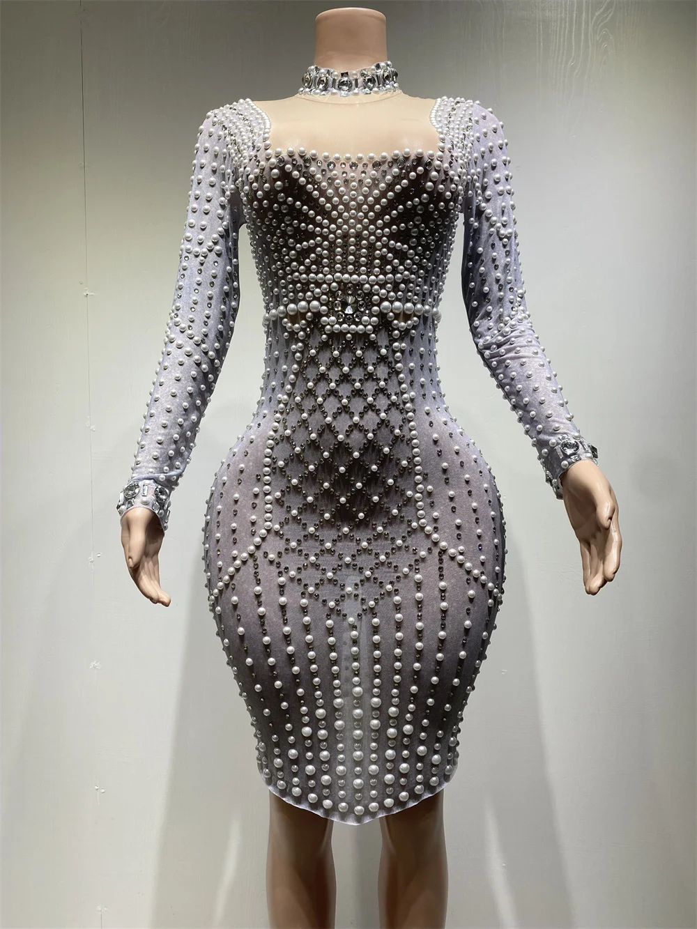 

Women See Through Stretch Long Sleeve Stage Dress Beading Rhinestones Sparkle Costume Dresses Pretty Nightclub Bar Party