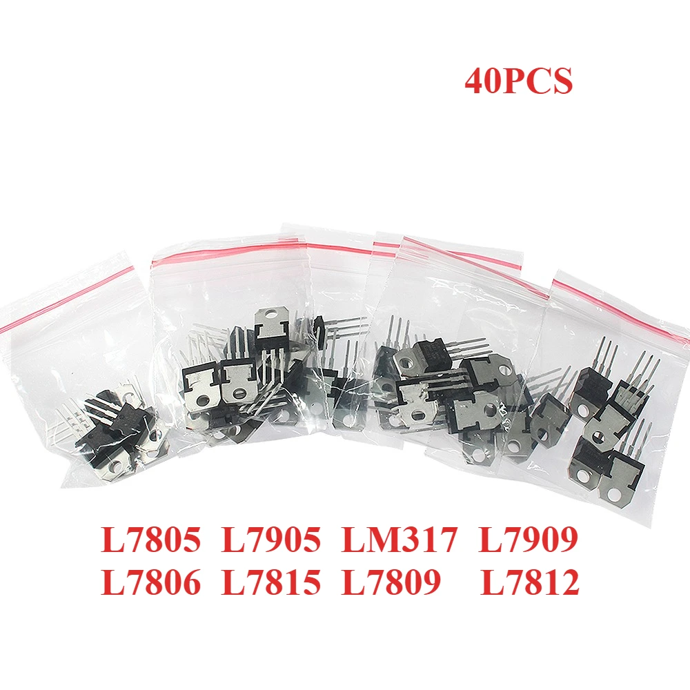 40PCS Mosfet Transistor Kit L7805 L7905 LM317 L7909 L7806 L7815 L7809 L7812 TO-220 Voltage Regulators Transistor Assortment Kit