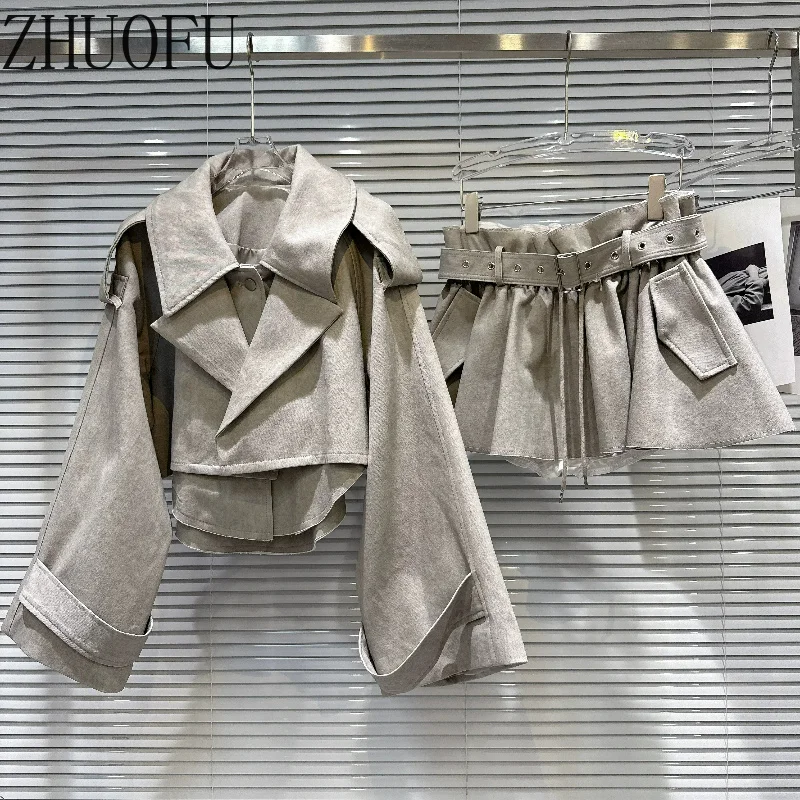 Casual Style Large Lapel Neck Long Sleeve Women's Short Coat 2026 Autumn Sweet Cool Versatile A-line Pleated Skirt Suit Ladies