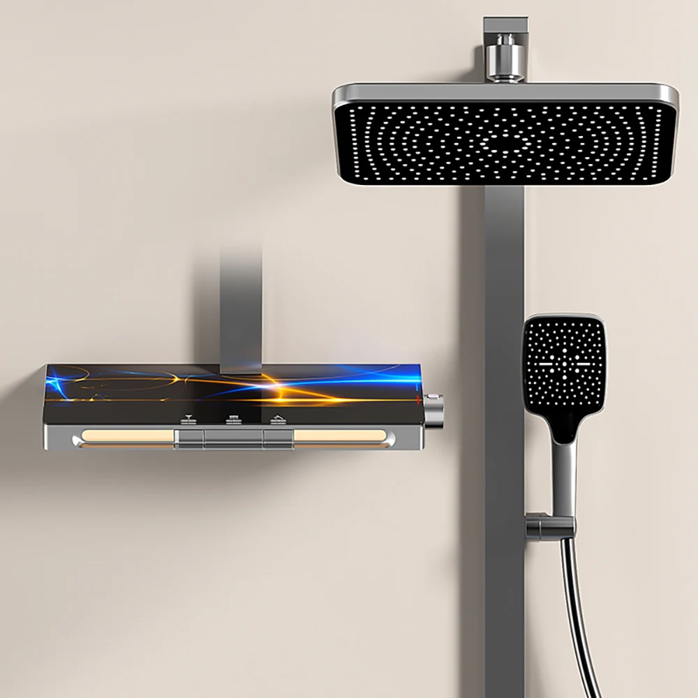 

Окружающее освещение Фортепиано Цифровой душевой набор для ванной комнаты Водопад Смеситель для ванной комнаты Дождевая насадка для душа Горячая и холодная цифровая душевая система