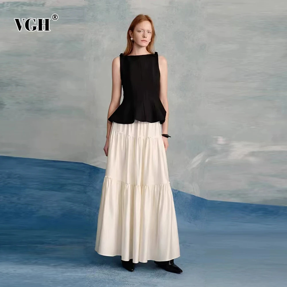 

VGH Casual Slimming Hit Color Two Piece Sets For Women Round Neck Sleeveless Top High Waist Long Skirt Elegant Set Female New