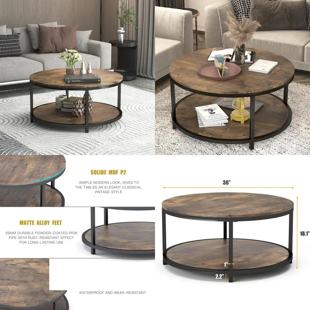 

Круглый журнальный столик Rustic 36 с деревянной столешницей и металлическими ножками, современный промышленный диван-стол для гостиной с полкой для хранения (Br