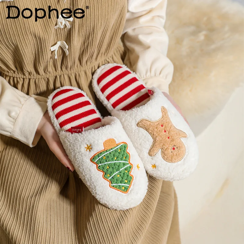 

Christmas New Japanese Style Ins Warm Cotton Slippers Winter Indoor Non-Slip Soft Sole Silent Home Casual Slippers for Women