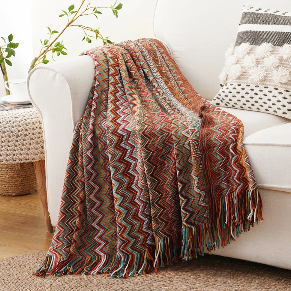 Battilo Boho Throw Blanket Lightweight Knit Throw With Tassels Bohemian Woven Sofa Blankets Soft Bed Plaid Decorative Blanket
