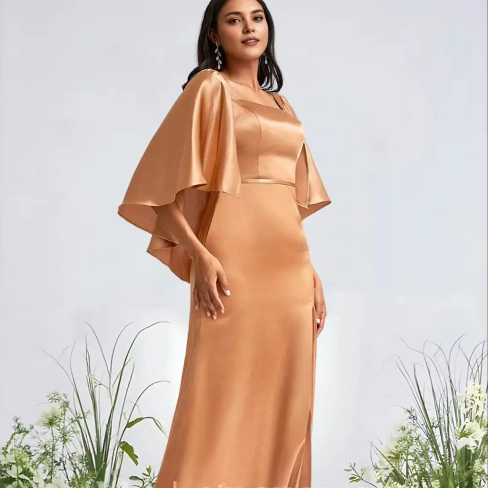 JHG Women A-Line Square Bridesmaid Dresses Stretch Satin Floor-Length Cape Leg Slit Luxury Wedding Guest Cocktail Dress 2025​
