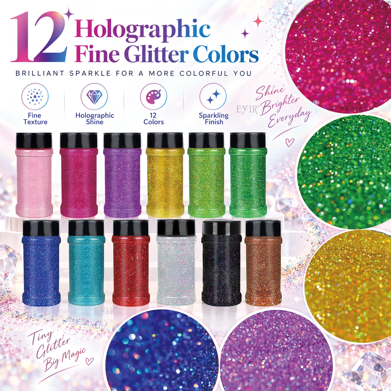 EYIR 12 Colors Holographic Glitter Powder 80g Fine Glitter Nail Art Resin Craft DIY Decoration Christmas Party Supplies