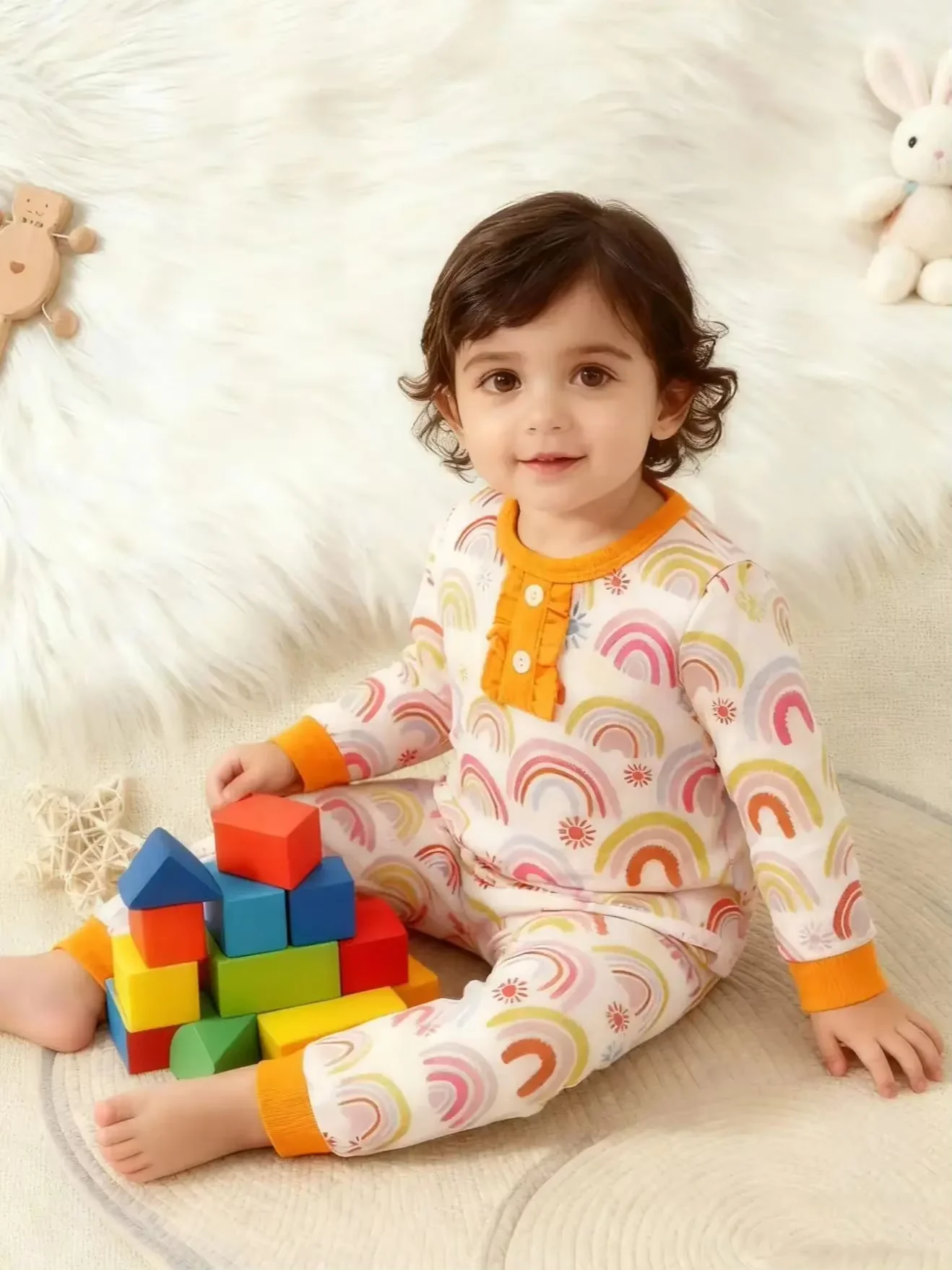 Baby girl's clothing, sun rainbow pattern printed long sleeved pants two-piece set