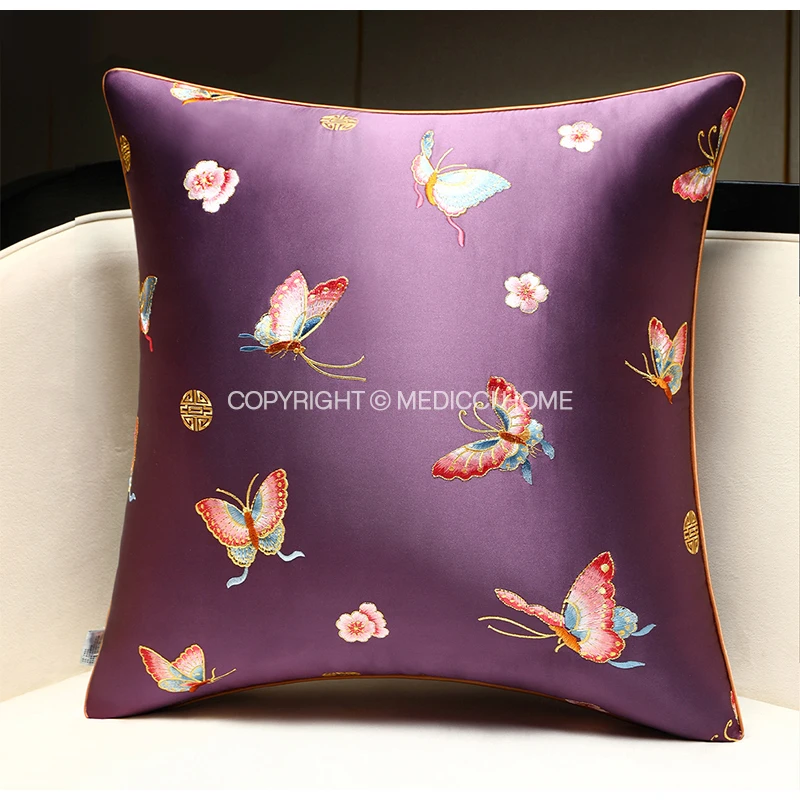 Medicci Home Multicoloured Metallic Butterfly Embroidered Cushion Cover Luxury Contemporary Oriental Brocade Pillow Case Purple