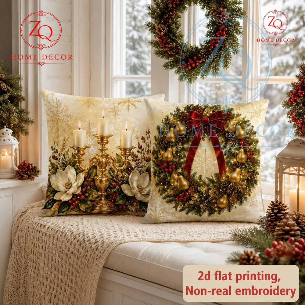 Retro Christmasthemed pillowcases in a luxurious goldbrown color scheme paired with clesticks Christmas wrehs  magnolia prints