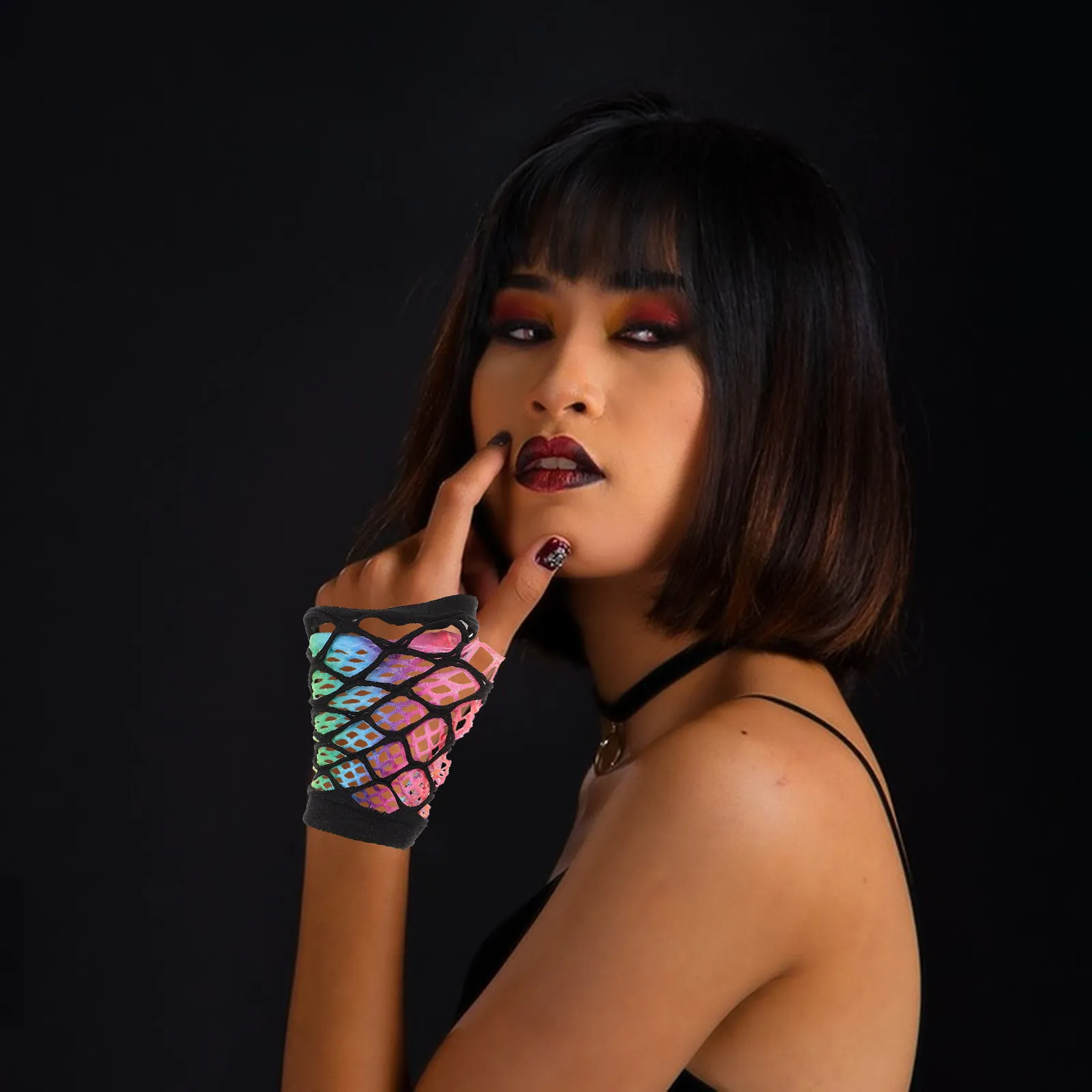 

1Pair Women Neon Colorful Fishnet Double Layer Fingerless Gloves for Party 80S Wedding Punk Cosplay Costume Accessory
