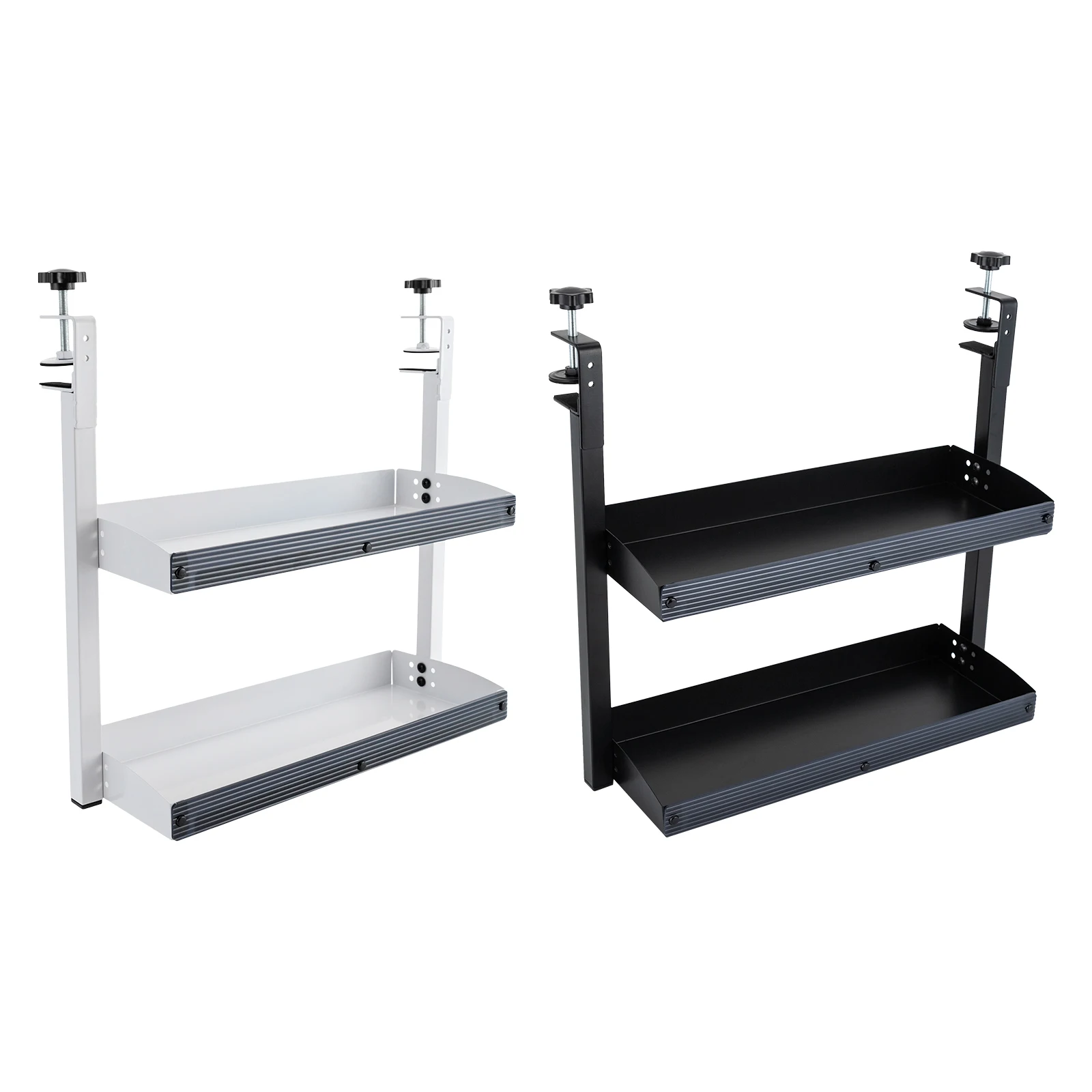 クリップオンデスクシェルフ、調整可能な収納トレイ付き2段シェルフ、黒/白