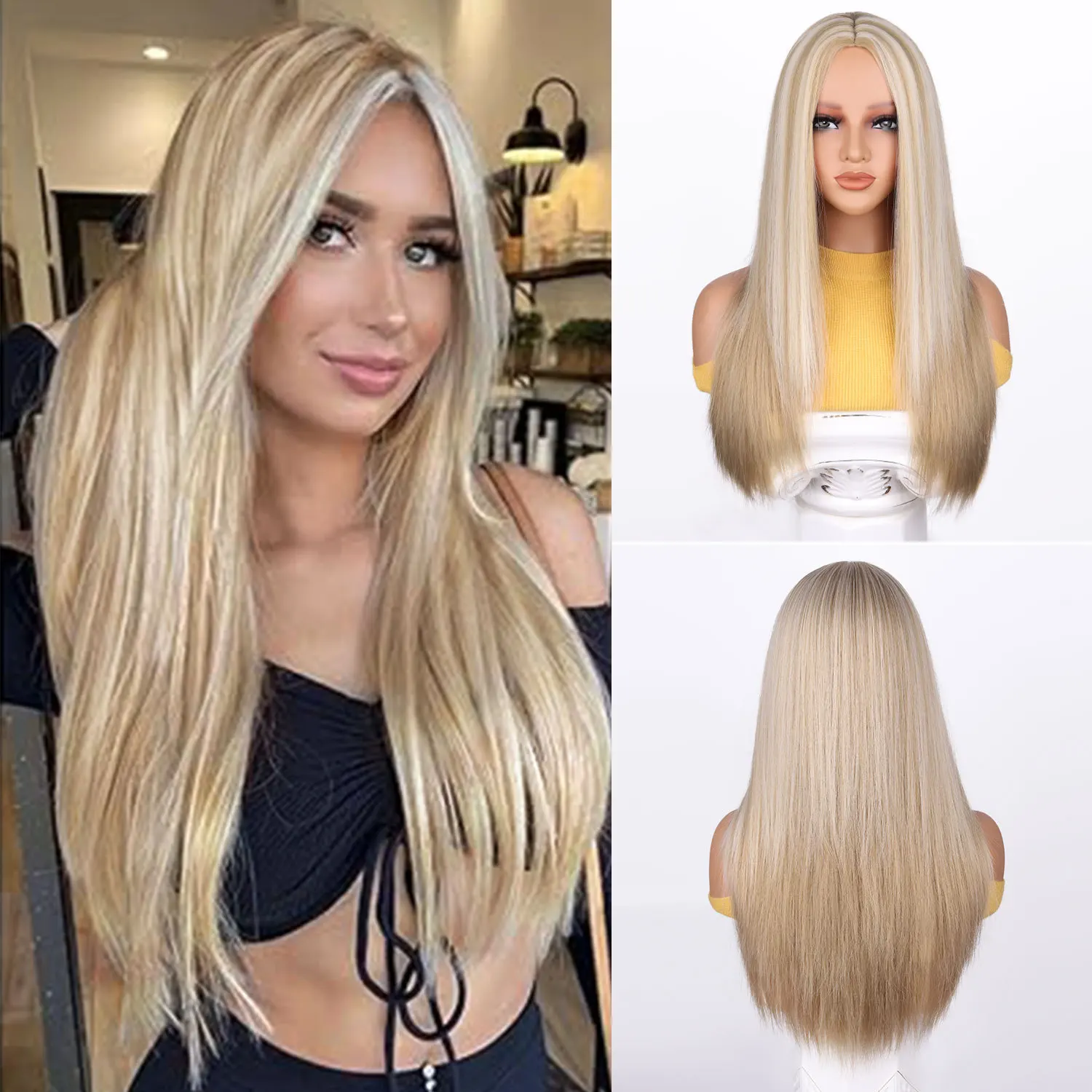 

Highlights White Gold Simulation Full Headgear Temperament Long Straight Hair Chemical Fiber Wig