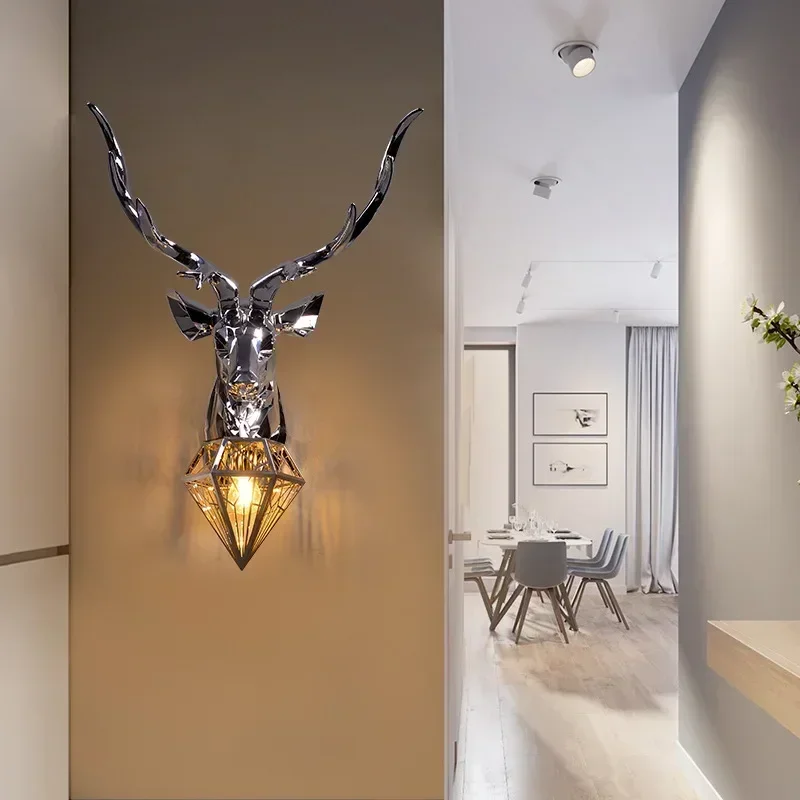 #Retro Deer Antlers Deer Heads Wall Lamp Personalized American Art Rural Style Creative Living Room