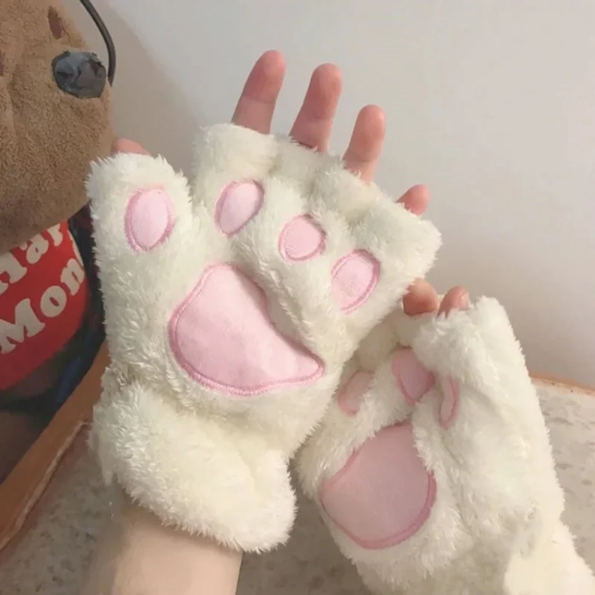 Kawaii Women Cat Gloves Fashion Girls Cat Claw Paw Plush Mittens Warm Soft Plush Short Fingerless HalfFinger Winter Thick Gloves