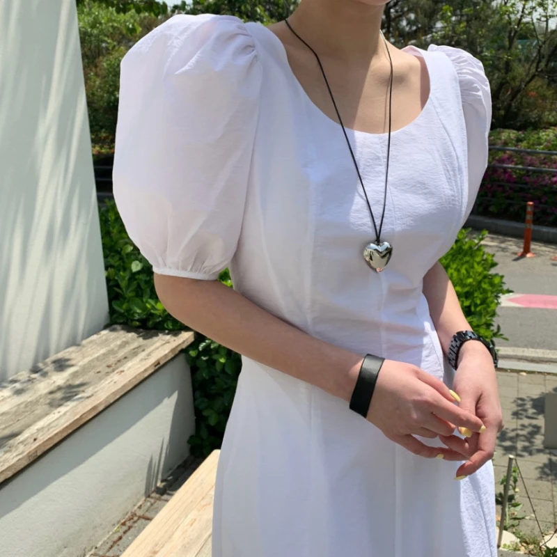 REALEFT الصيف نفخة الأكمام المرأة ألف خط فساتين طويلة 2025 جديد س الرقبة عالية الخصر النمط الفرنسي خمر فستان أبيض للنساء #2